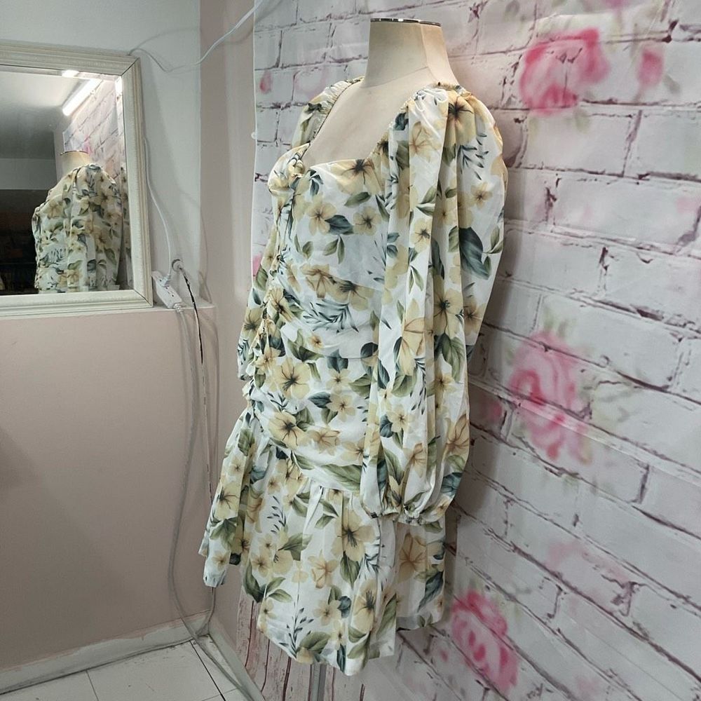 Avant Look Women's Puff Sleeve Off The Shoulder Floral Pleated Dress Cream Size - Picture 6 of 14